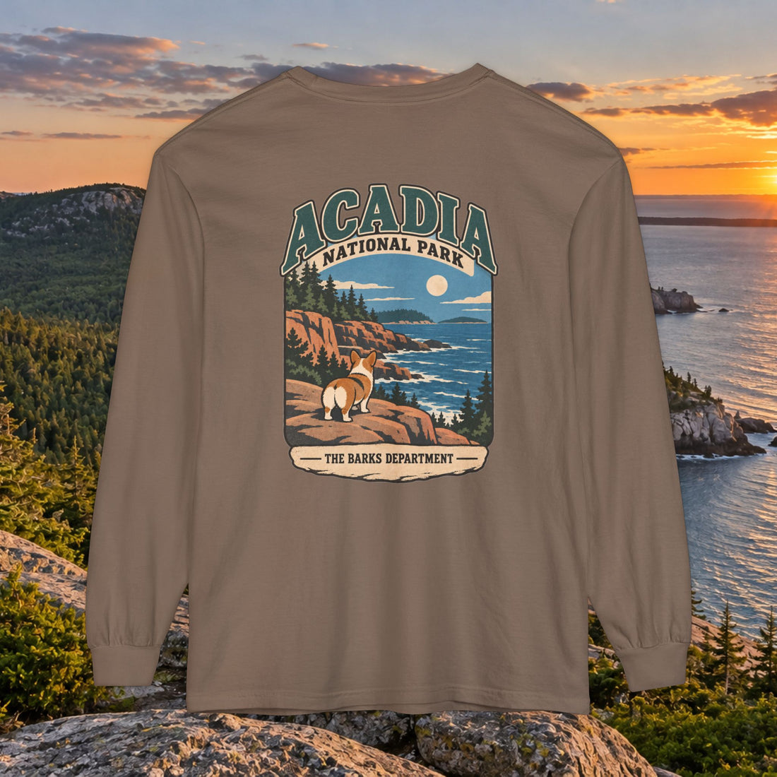 Acadia National Park Corgi Dog T-Shirt — Scenic Long Sleeve Tee