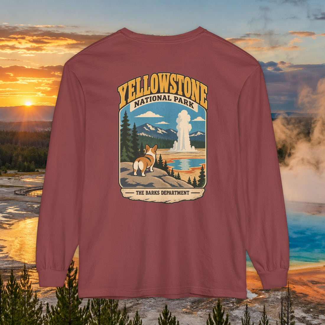 Yellowstone National Park Corgi Dog T-Shirt — Geyser Graphic Long Sleeve Tee