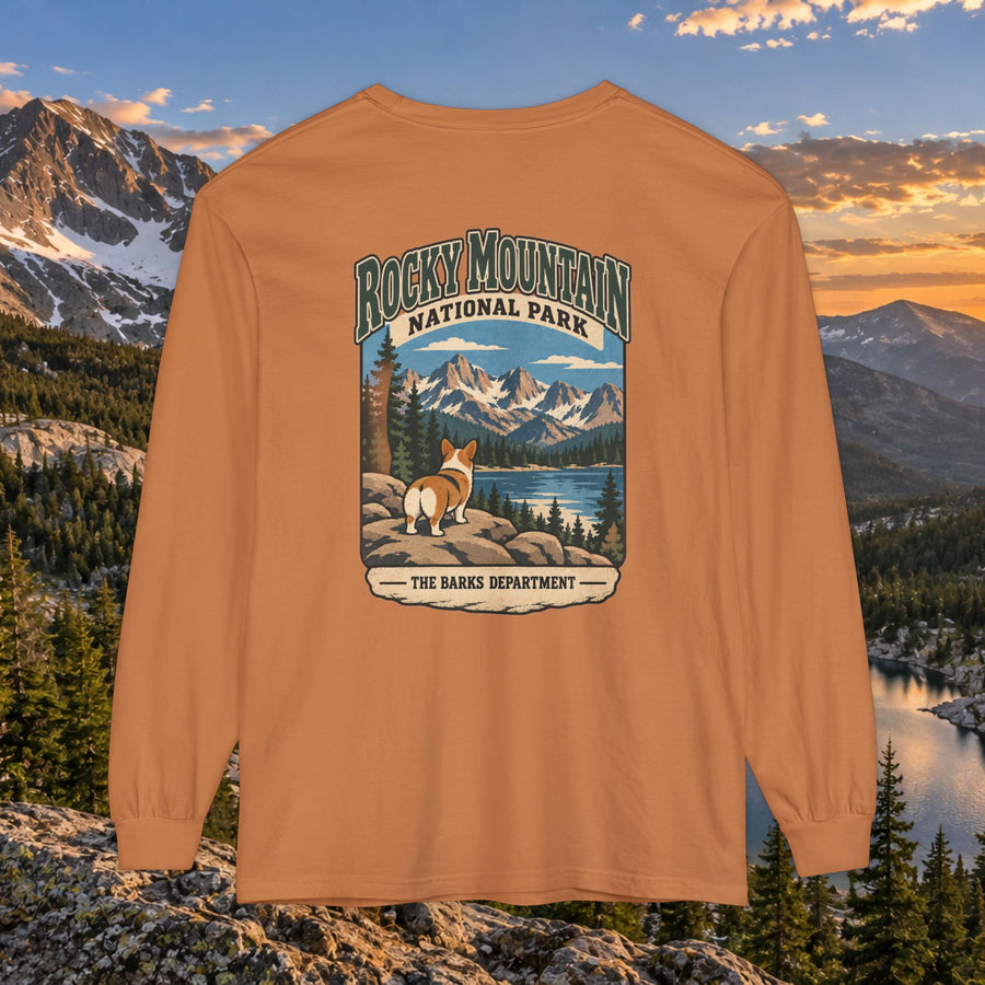 Rocky Mountain National Park Long Sleeve Shirt — Barks Department Corgi Lake Design